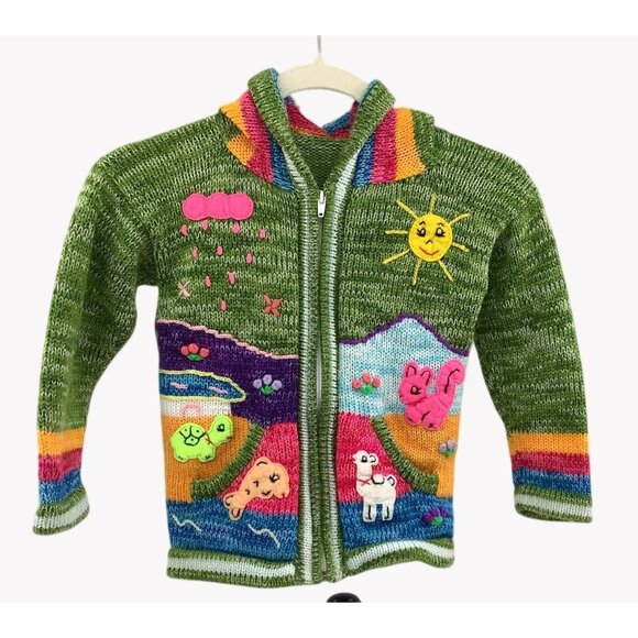 Gruppo Chinchero Other - Handmade Peruvian Kids Wool Sweater Colorful Animal Embroidery & Hood Size 8